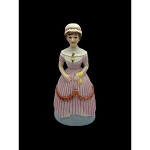 Vintage Victorian Lady Ceramic Bell Figurine In Layered Dress, Hat With Hankie
